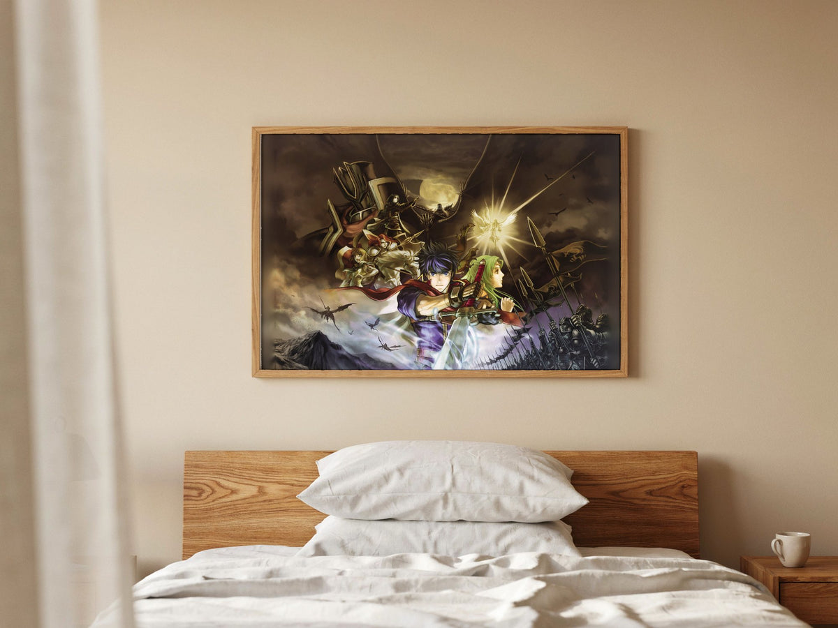 Fire Emblem Path of Radiance Cover Art poster in a natural oak frame above a bed