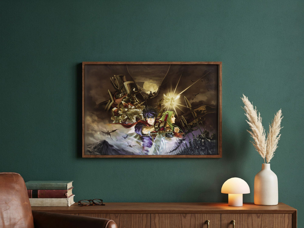Fire Emblem Path of Radiance Cover Art poster in a dark walnut frame in a green study