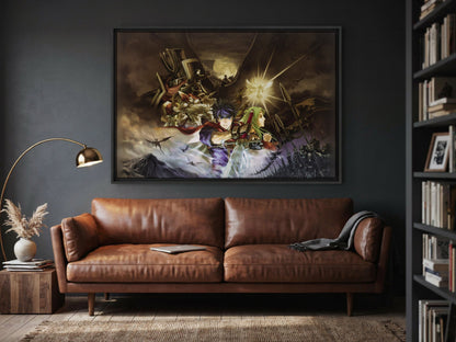 Fire Emblem Path of Radiance Cover Art as a black floater framed canvas in a media room