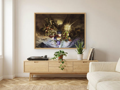 Fire Emblem Path of Radiance Cover Art as an oak floater framed canvas in a Scandinavian lounge