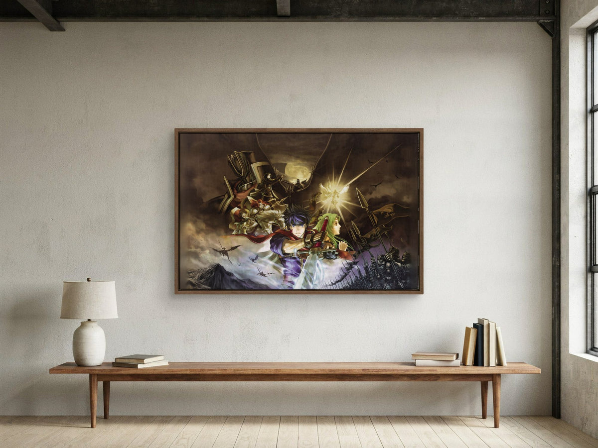 Fire Emblem Path of Radiance Cover Art as a walnut floater framed canvas in a loft