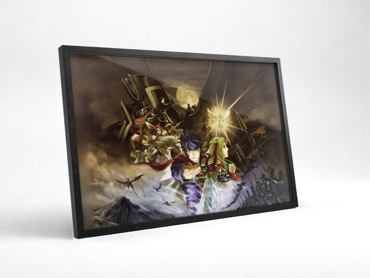 Fire Emblem Path of Radiance Cover Art poster in a black frame with glass leaning against a wall