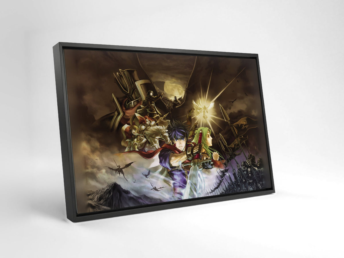 Fire Emblem Path of Radiance Cover Art as a black floater framed canvas leaning against a wall