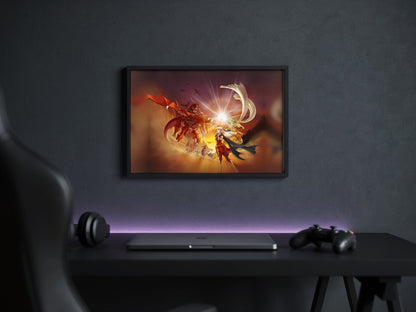 Fire Emblem Radiant Dawn Box Art poster in a black frame above a gaming desk (horizontal)