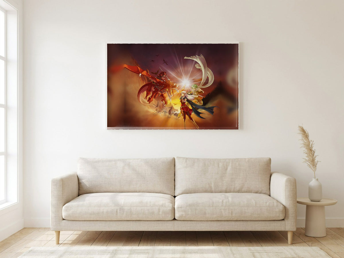 Fire Emblem Radiant Dawn Box Art poster in a white frame in a living room (horizontal)