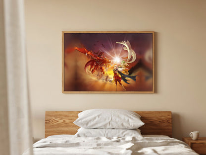 Fire Emblem Radiant Dawn Box Art poster in a natural oak frame above a bed (horizontal)