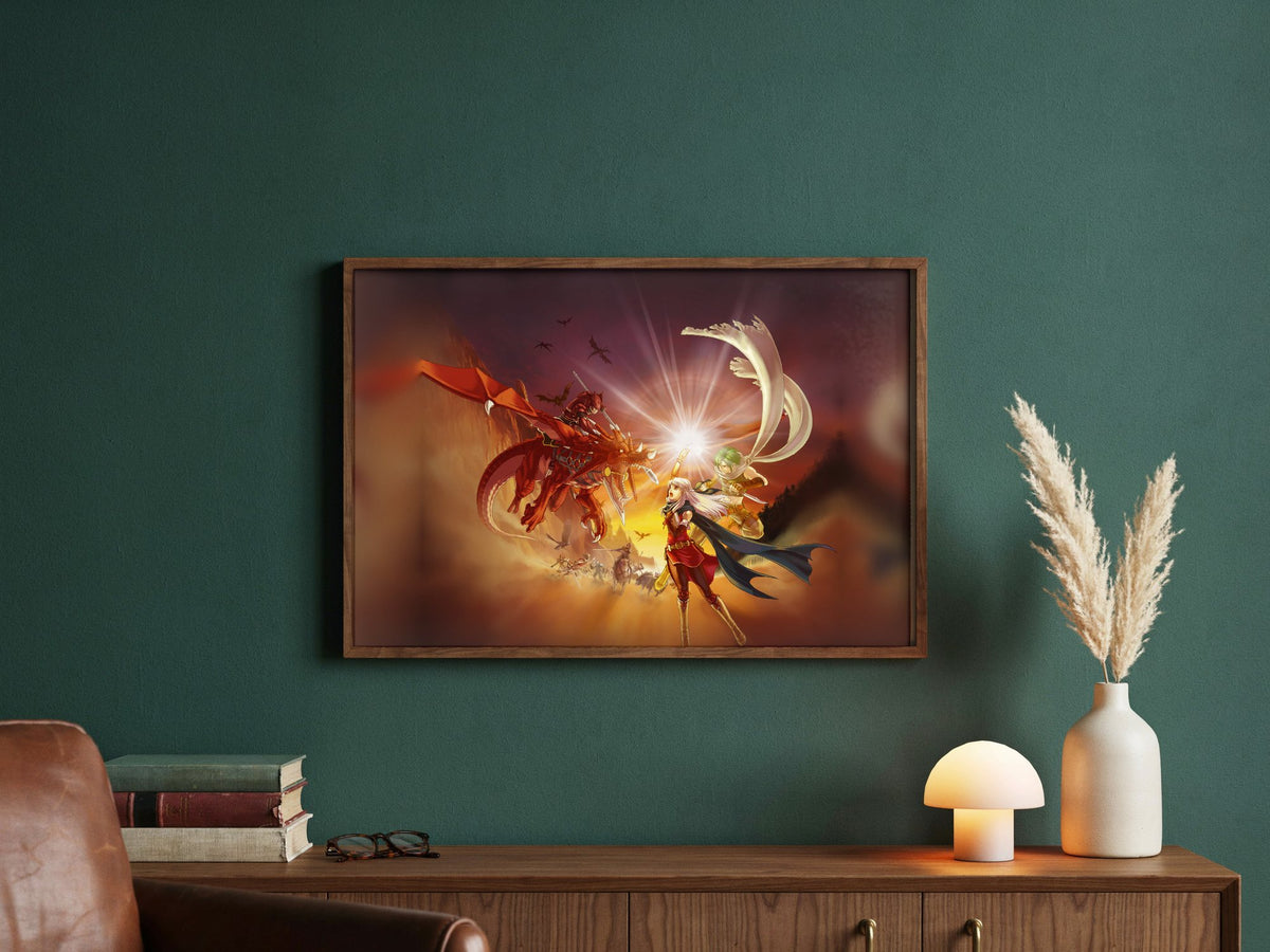 Fire Emblem Radiant Dawn Box Art poster in a dark walnut frame in a green study (horizontal)