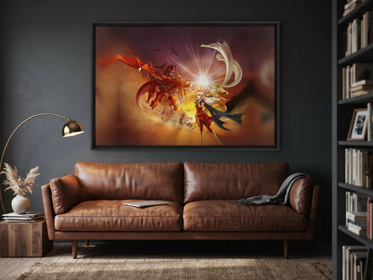 Fire Emblem Radiant Dawn Box Art as a black floater framed canvas in a media room (horizontal)