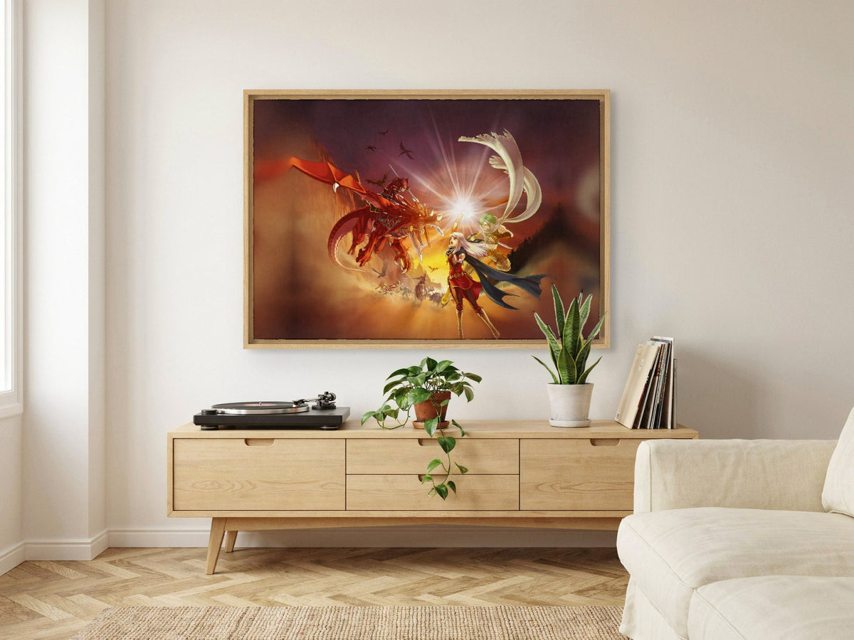 Fire Emblem Radiant Dawn Box Art as an oak floater framed canvas in a Scandinavian lounge (horizontal)