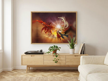 Fire Emblem Radiant Dawn Box Art as an oak floater framed canvas in a Scandinavian lounge (horizontal)