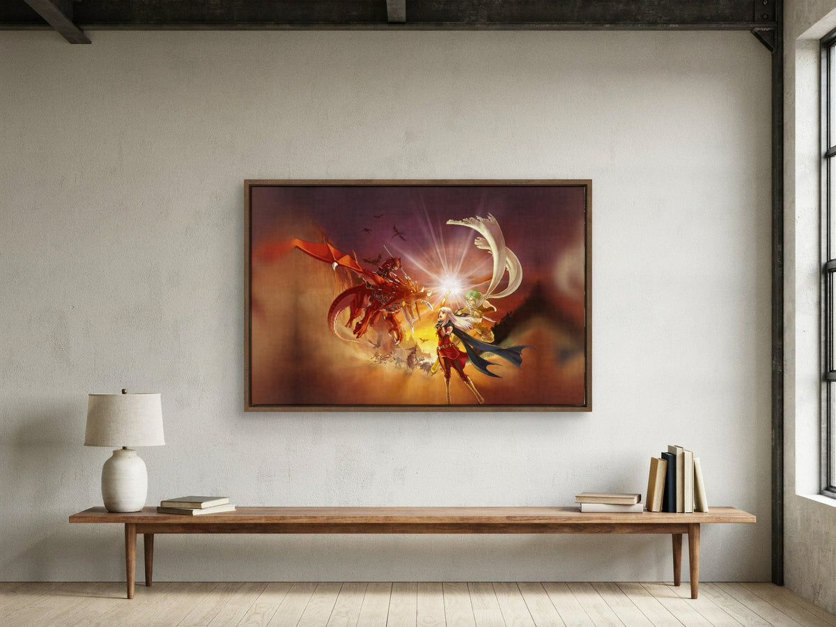 Fire Emblem Radiant Dawn Box Art as a walnut floater framed canvas in a loft (horizontal)
