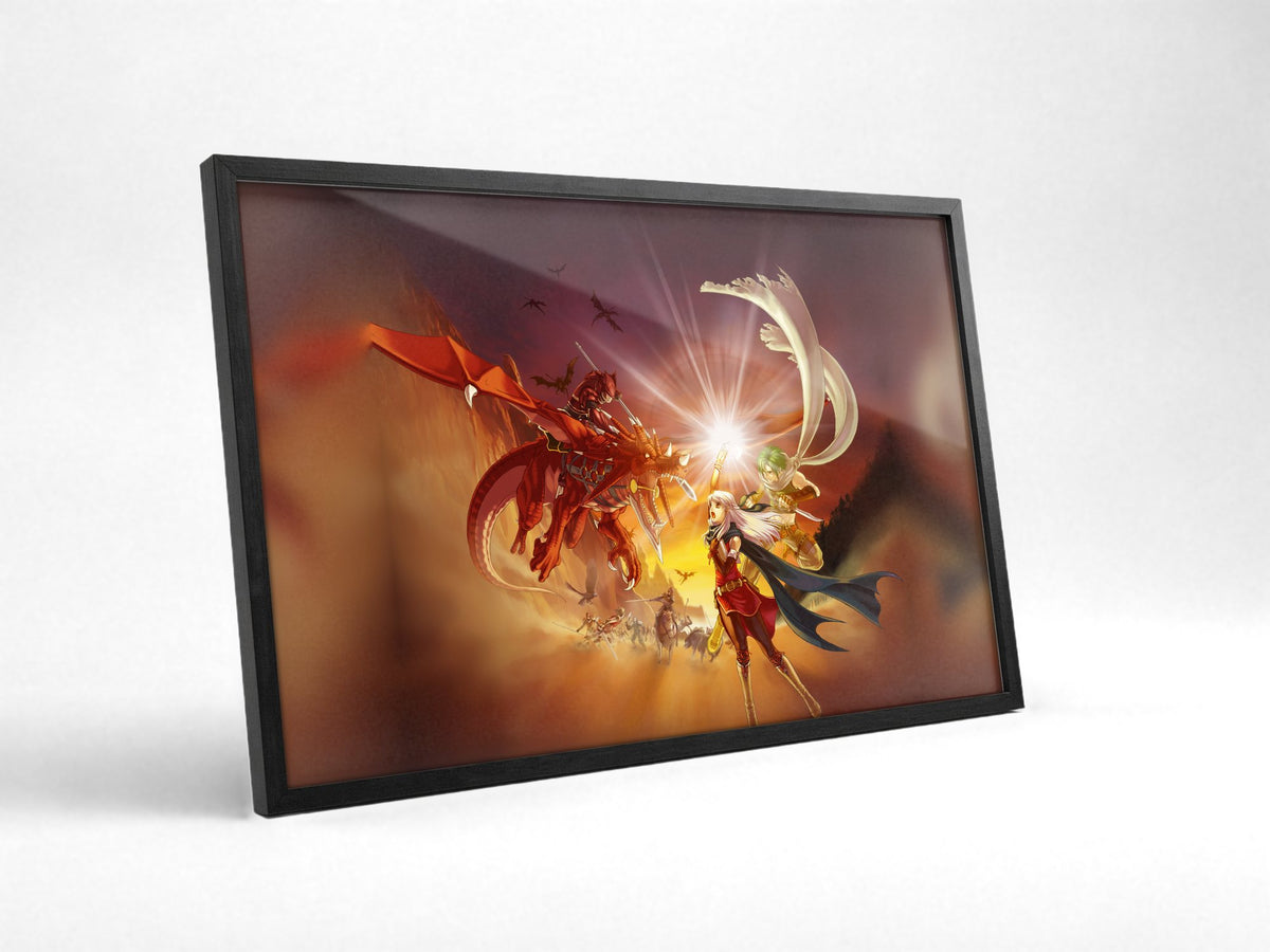 Fire Emblem Radiant Dawn Box Art poster in a black frame with glass leaning against a wall (horizontal)