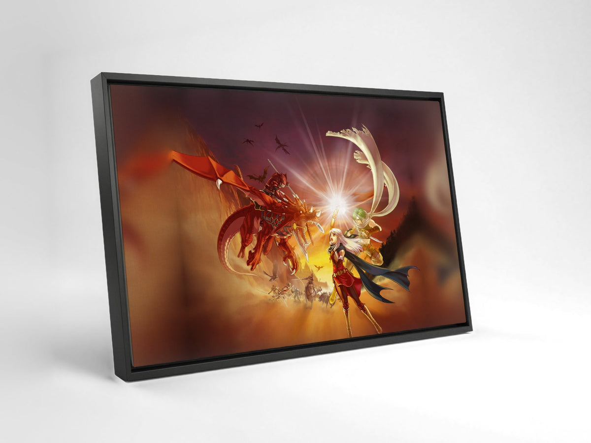 Fire Emblem Radiant Dawn Box Art as a black floater framed canvas leaning against a wall (horizontal)