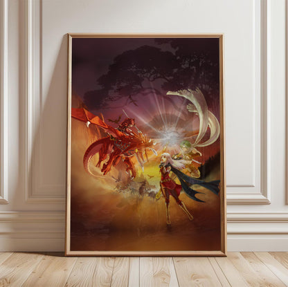 Fire Emblem Radiant Dawn Box Art poster in a light oak frame leaning against a white wall (vertical)
