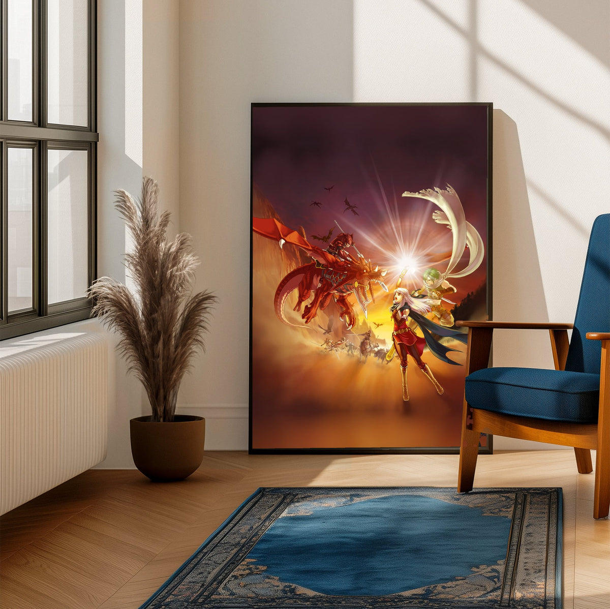 Fire Emblem Radiant Dawn Box Art poster framed beside a blue armchair in a sunlit room (vertical)