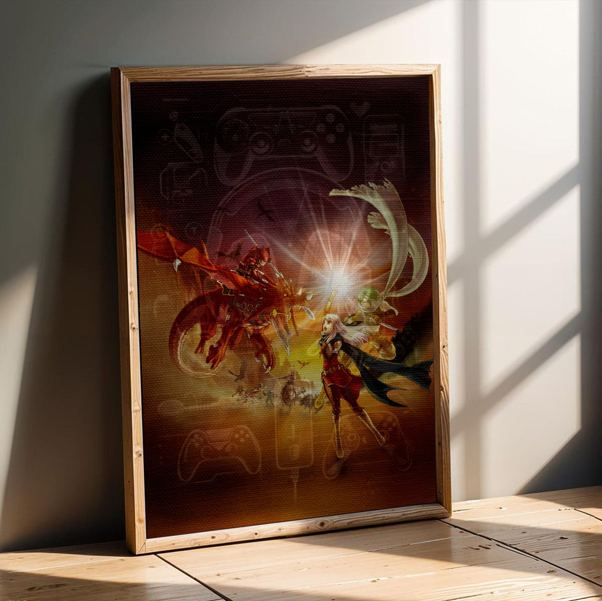 Fire Emblem Radiant Dawn Box Art poster in an oak frame leaning on a wooden floor (vertical)