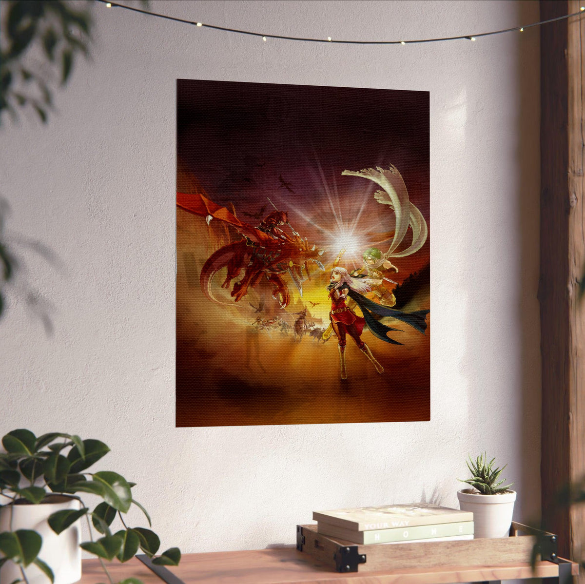 Fire Emblem Radiant Dawn Box Art poster unframed on a white wall above a desk (vertical)