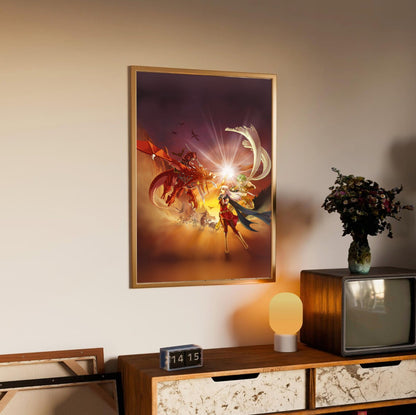 Fire Emblem Radiant Dawn Box Art poster in an oak frame above a sideboard (vertical)