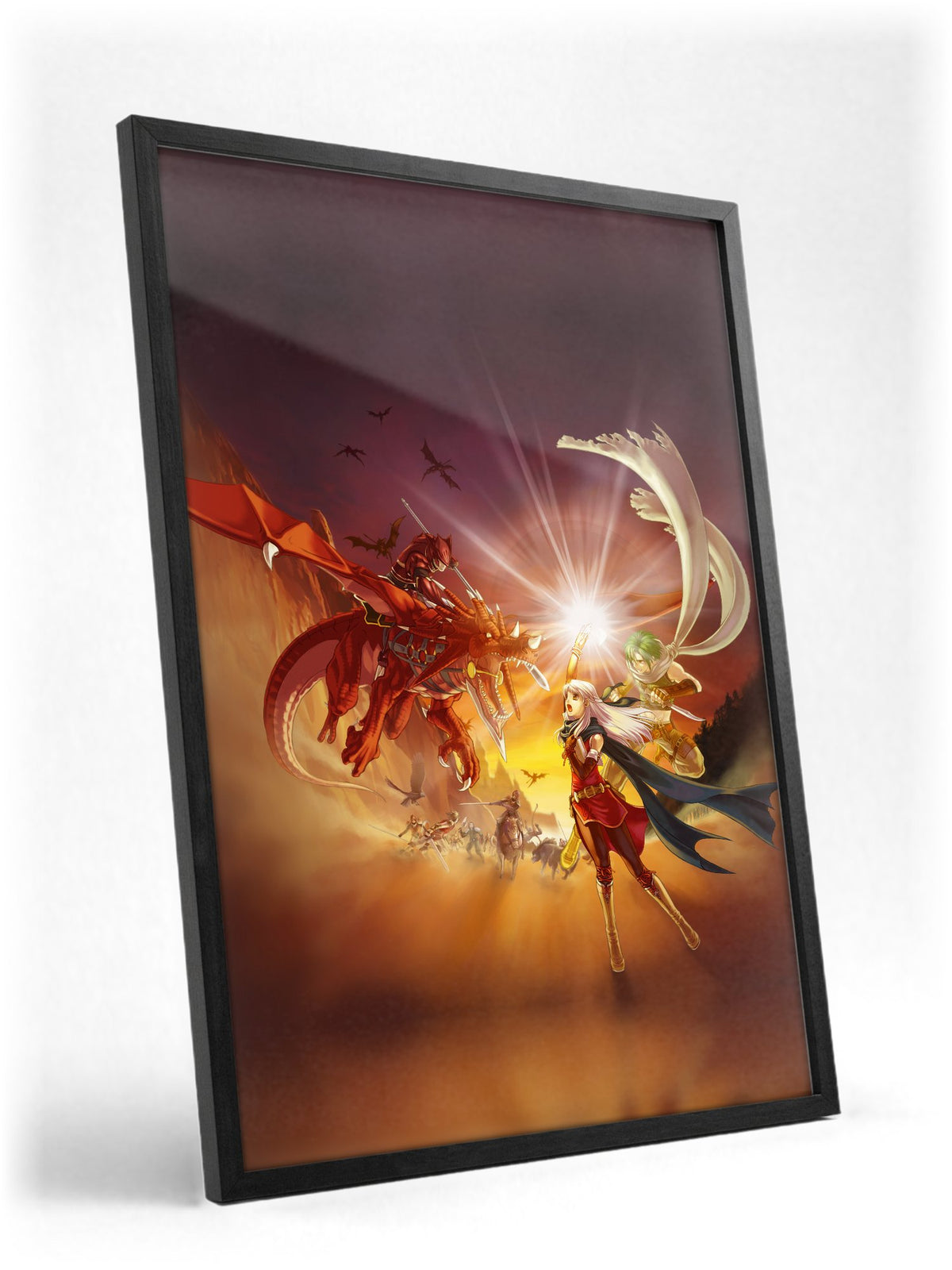 Fire Emblem Radiant Dawn Box Art poster in a black frame with glass leaning against a wall (vertical)