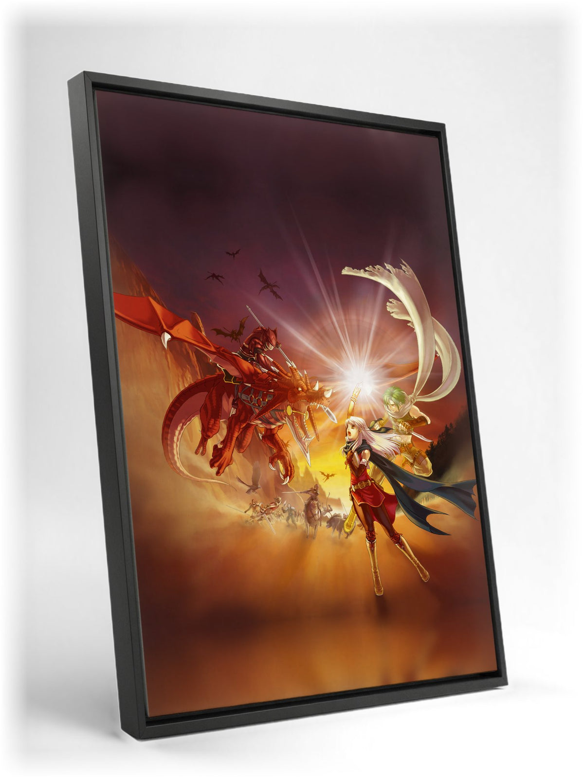 Fire Emblem Radiant Dawn Box Art as a black floater framed canvas leaning against a wall (vertical)