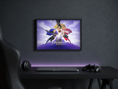 Fire Emblem Three Houses Key Art with Logo poster in a black frame above a gaming desk