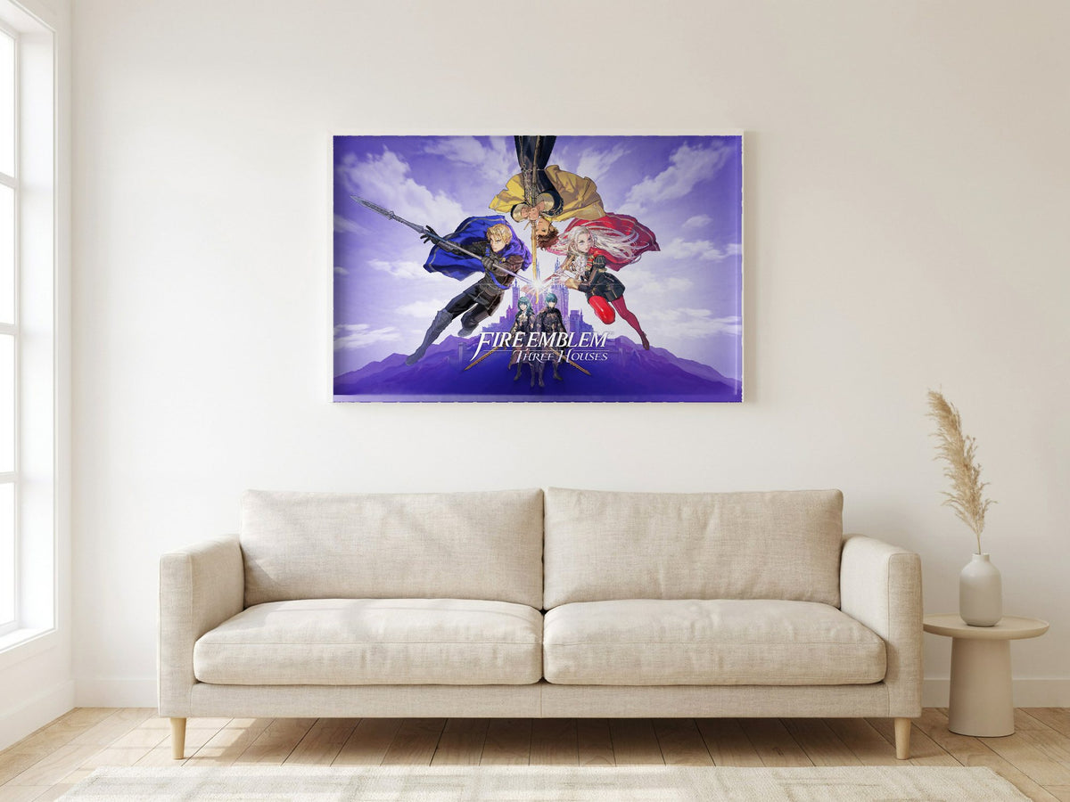 Fire Emblem Three Houses Key Art with Logo poster in a white frame in a living room