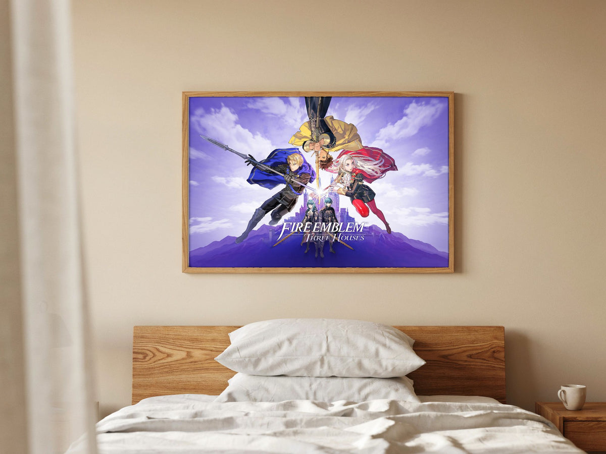 Fire Emblem Three Houses Key Art with Logo poster in a natural oak frame above a bed