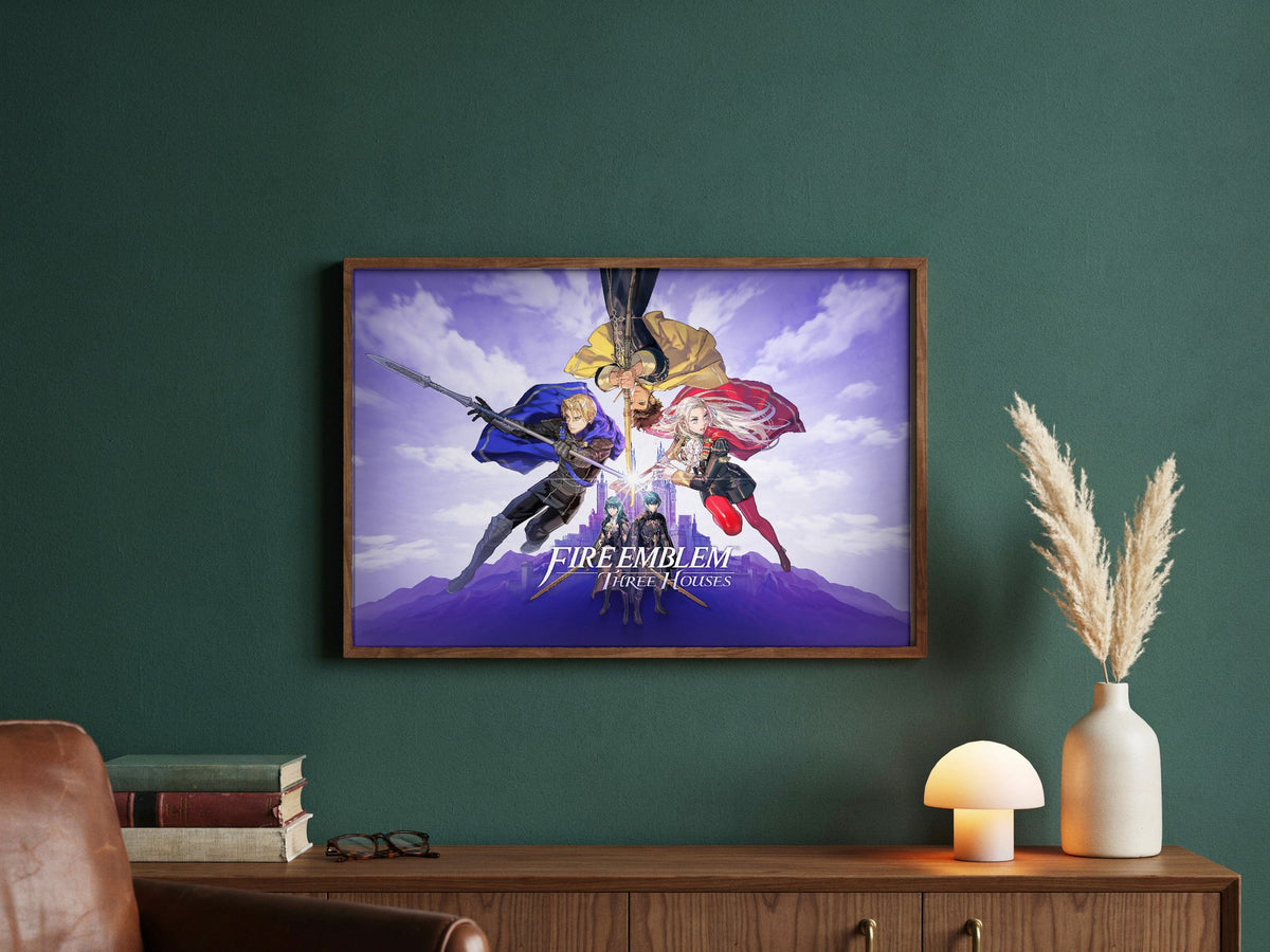 Fire Emblem Three Houses Key Art with Logo poster in a dark walnut frame in a green study
