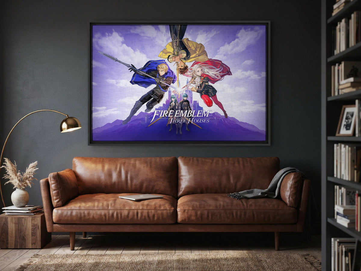 Fire Emblem Three Houses Key Art with Logo as a black floater framed canvas in a media room