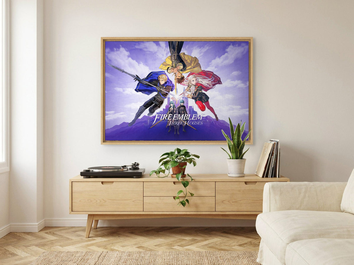 Fire Emblem Three Houses Key Art with Logo as an oak floater framed canvas in a Scandinavian lounge