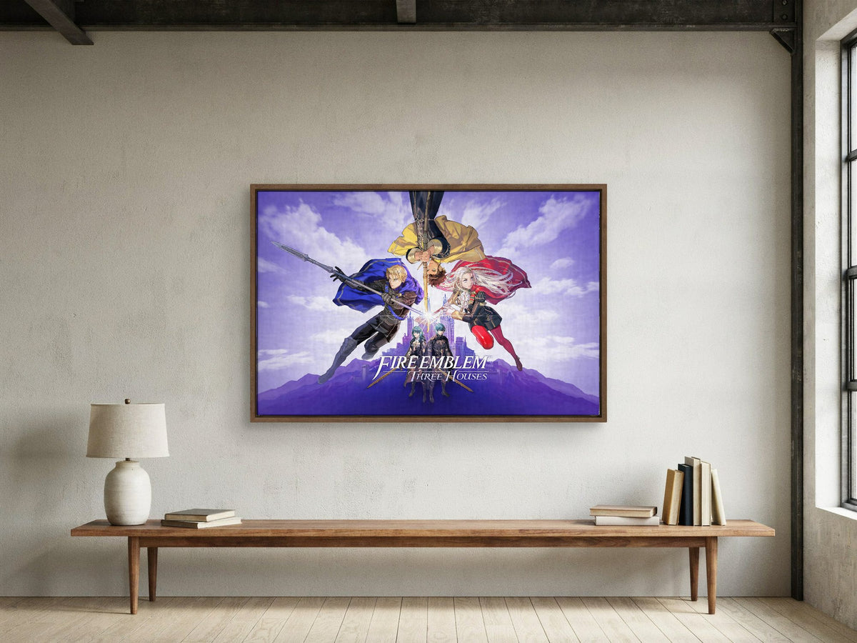 Fire Emblem Three Houses Key Art with Logo as a walnut floater framed canvas in a loft