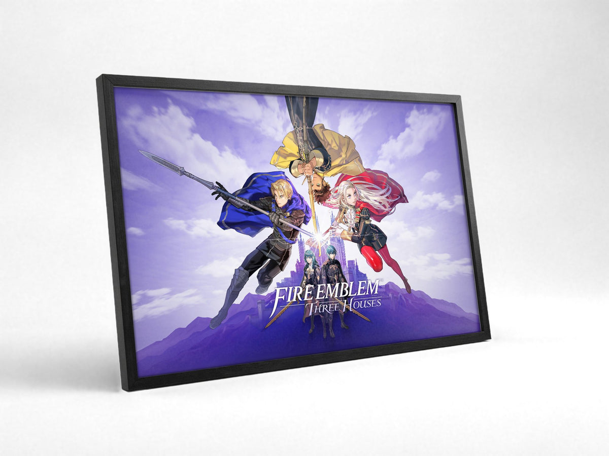 Fire Emblem Three Houses Key Art with Logo poster in a black frame with glass leaning against a wall