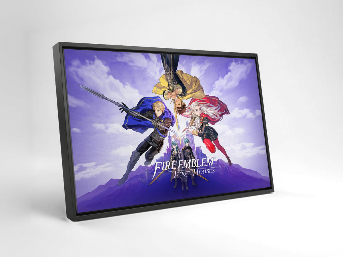Fire Emblem Three Houses Key Art with Logo as a black floater framed canvas leaning against a wall