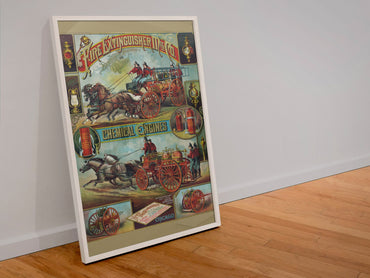Fire Extinguisher Mfg. Co. Chemical Engines poster in a white frame leaning against a wall
