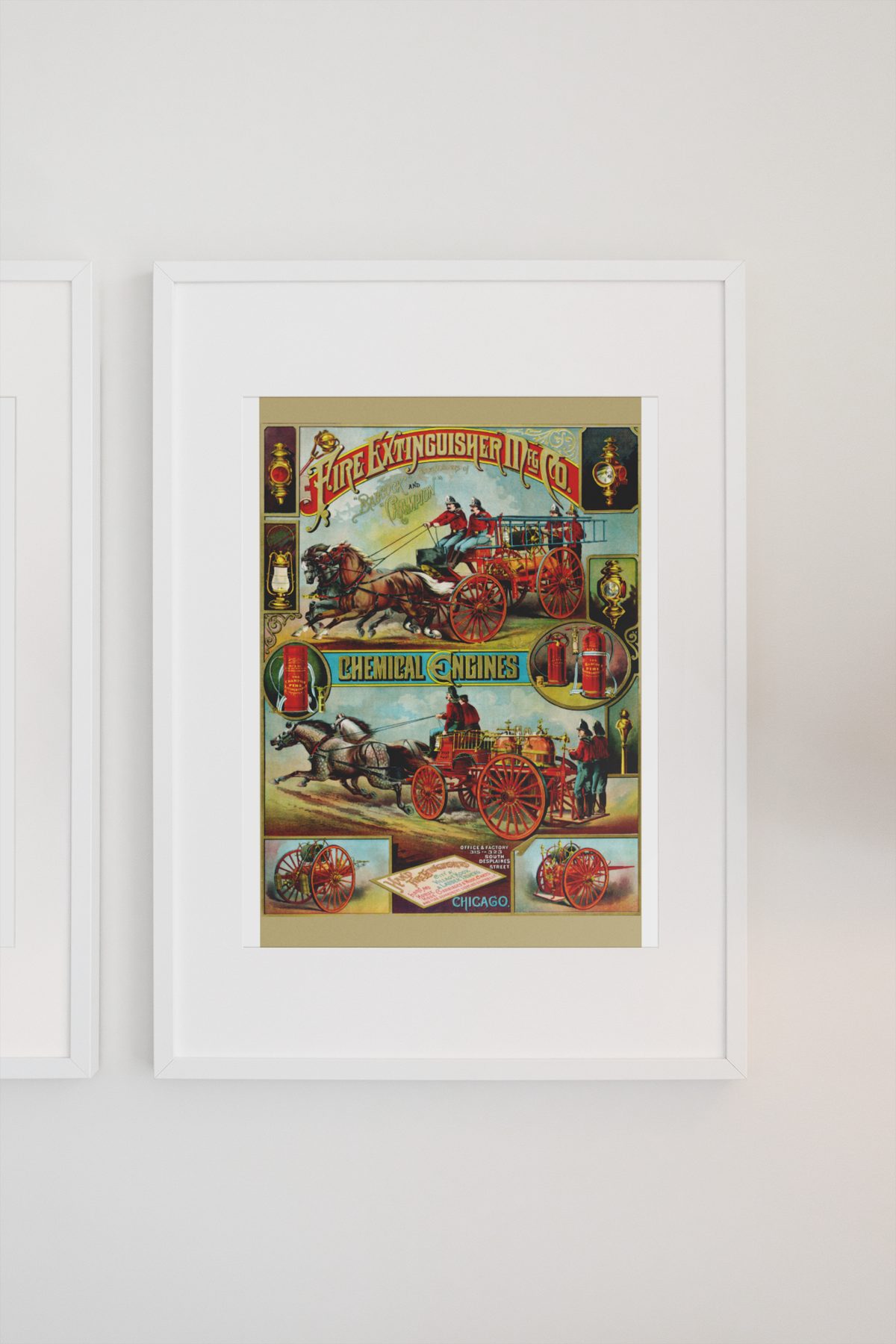 Fire Extinguisher Mfg. Co. Chemical Engines poster on a light wall