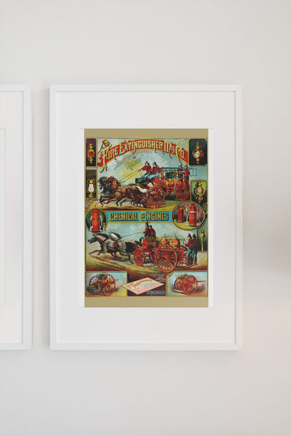 Fire Extinguisher Mfg. Co. Chemical Engines poster on a light wall