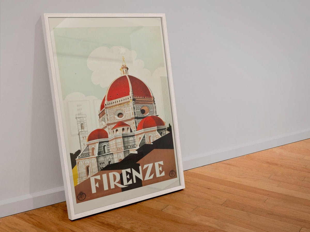 Firenze Duomo poster in a white frame leaning against a wall