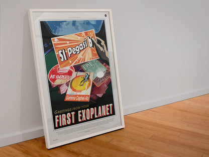 Greetings from Your First Exoplanet, 51 Pegasi b poster in a white frame leaning against a wall