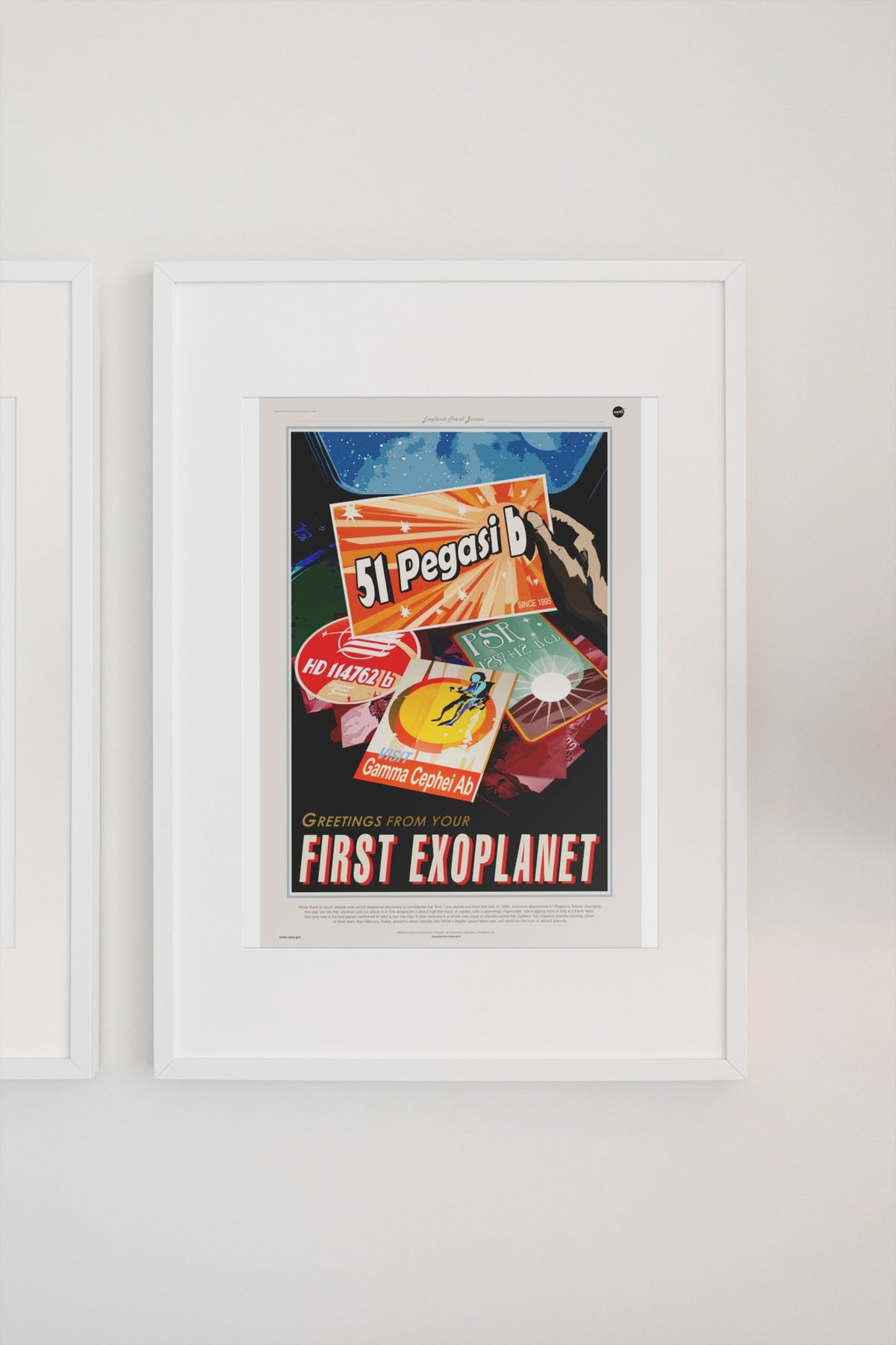 Greetings from Your First Exoplanet, 51 Pegasi b poster in a white frame on a light wall