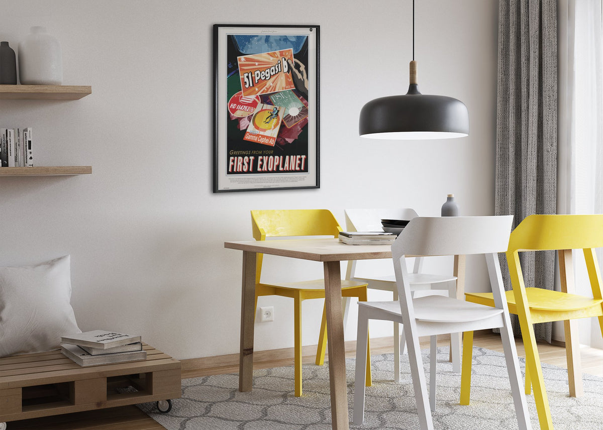Greetings from Your First Exoplanet, 51 Pegasi b poster framed above a dining table