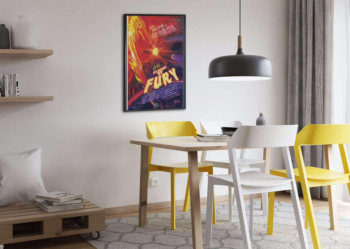 Flares of Fury, NASA Galaxy of Horrors poster framed above a dining table