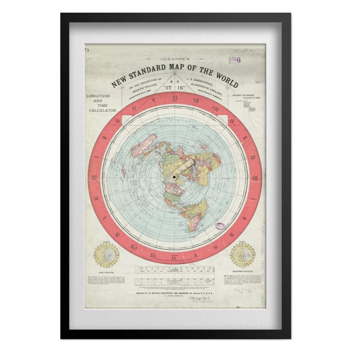 Flat Earth Map 1892 print in a black frame with a white mat