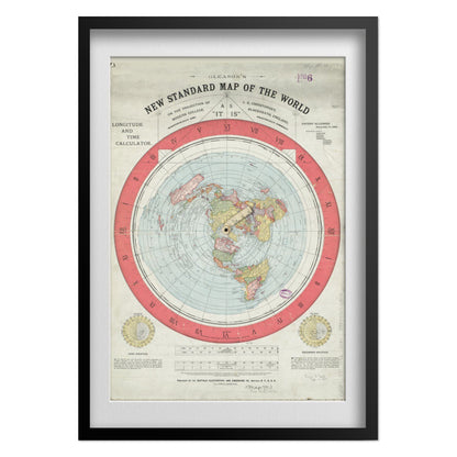 Flat Earth Map 1892 print in a black frame with a white mat