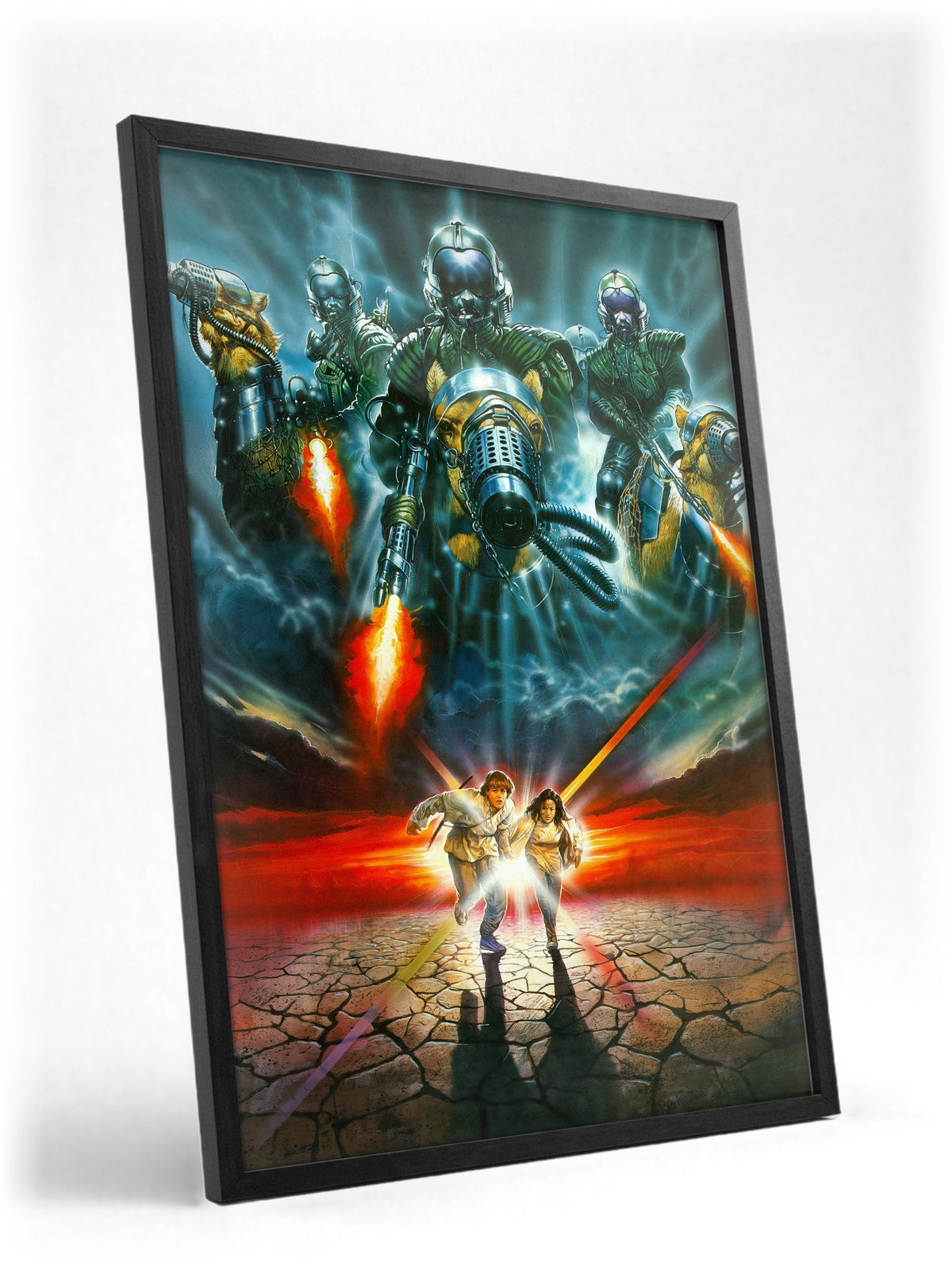 Flight from Paradise (1990) Movie Key Art poster in a black frame with glass leaning against a wall