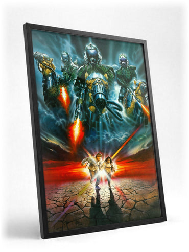 Flight from Paradise (1990) Movie Key Art poster in a black frame with glass leaning against a wall