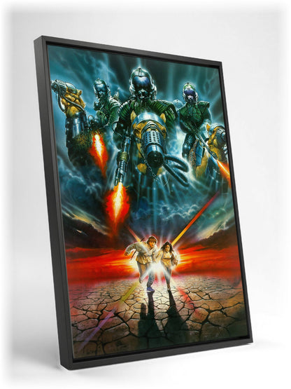 Flight from Paradise (1990) Movie Key Art as a black floater framed canvas leaning against a wall