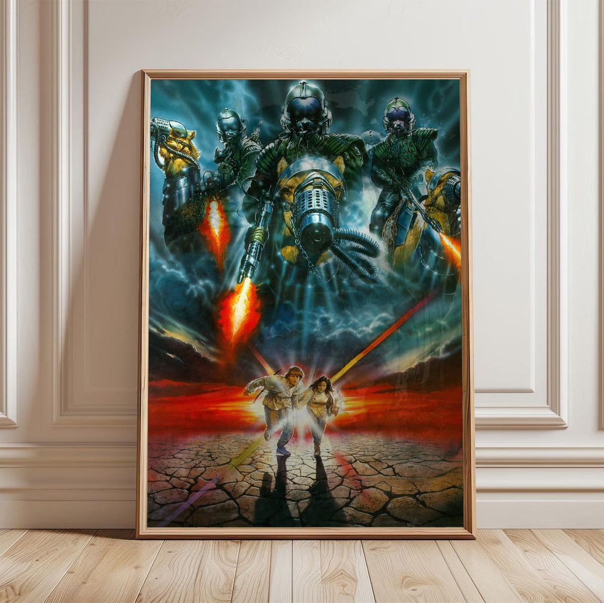 Flight from Paradise (1990) Movie Key Art poster in a light oak frame leaning against a white wall