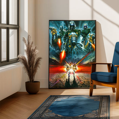 Flight from Paradise (1990) Movie Key Art poster framed beside a blue armchair in a sunlit room