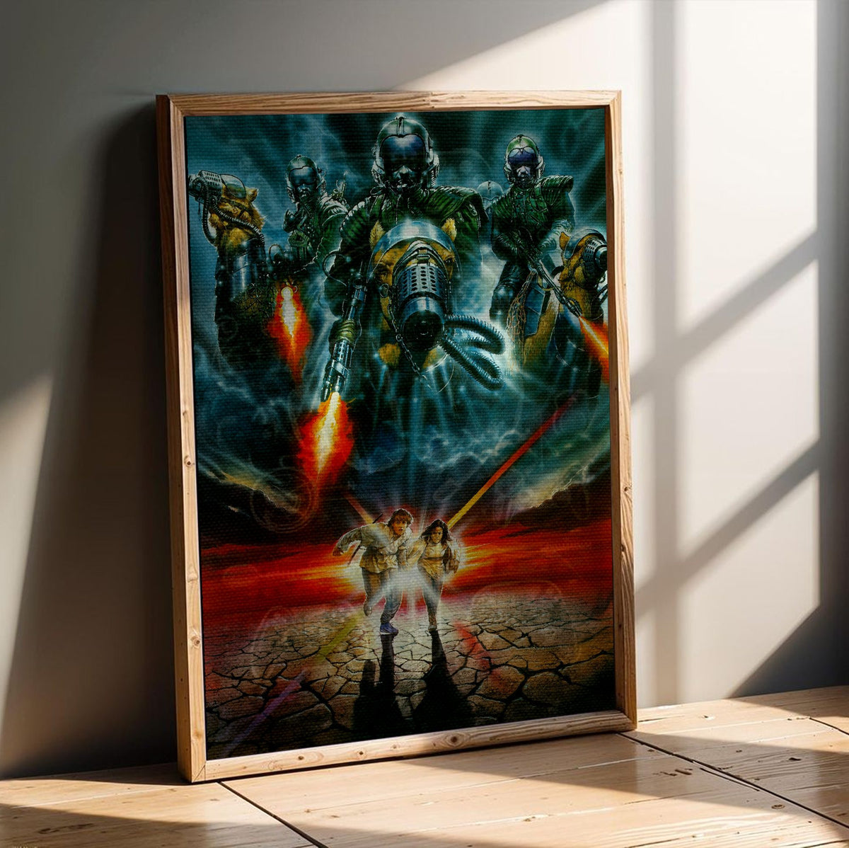 Flight from Paradise (1990) Movie Key Art poster in an oak frame leaning on a wooden floor