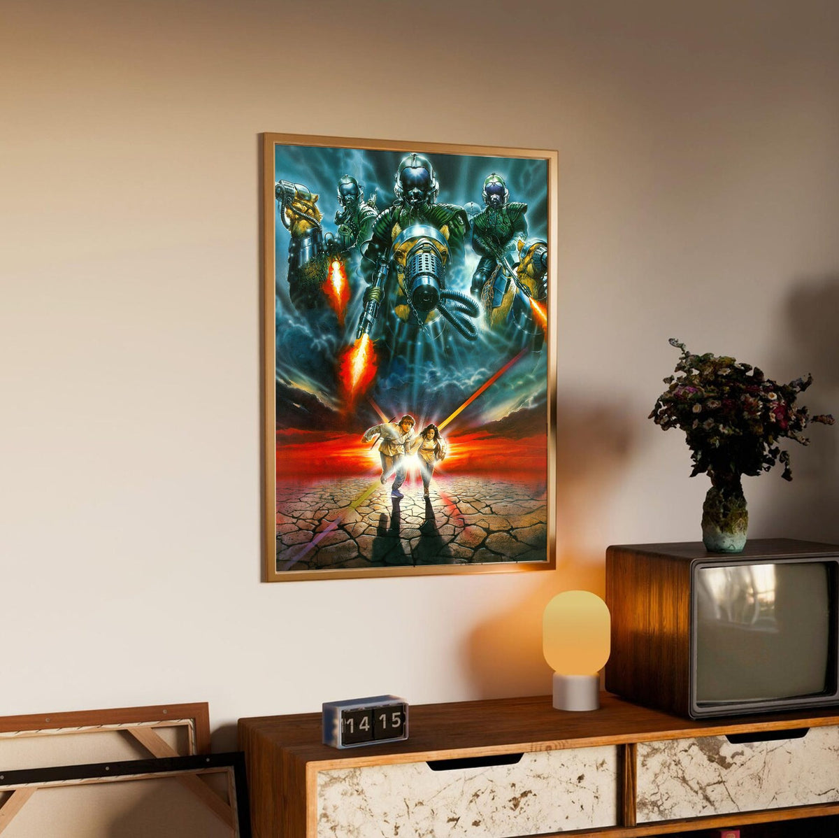 Flight from Paradise (1990) Movie Key Art poster in an oak frame above a sideboard